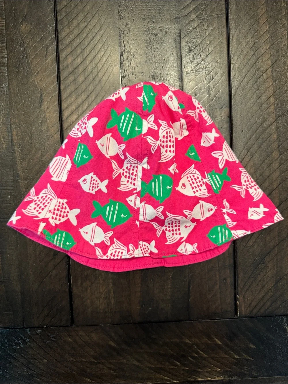 Gymboree Pink Sun Hat with Green & White Fish Print. Size 6-12 months.